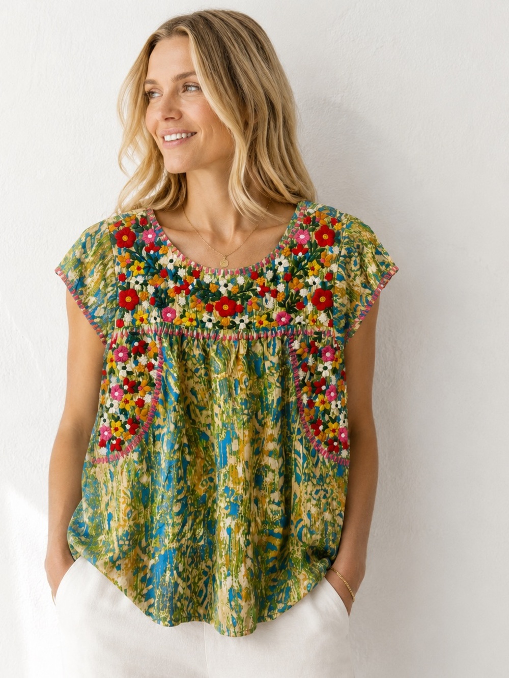 Savanna Jane Floral Embroidered Ikat Tunic Blouse SZ S